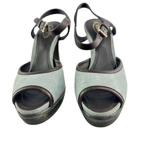 TODS Blue Suede & Brown Leather Peep Toe Platform Sandals Heels 38 8